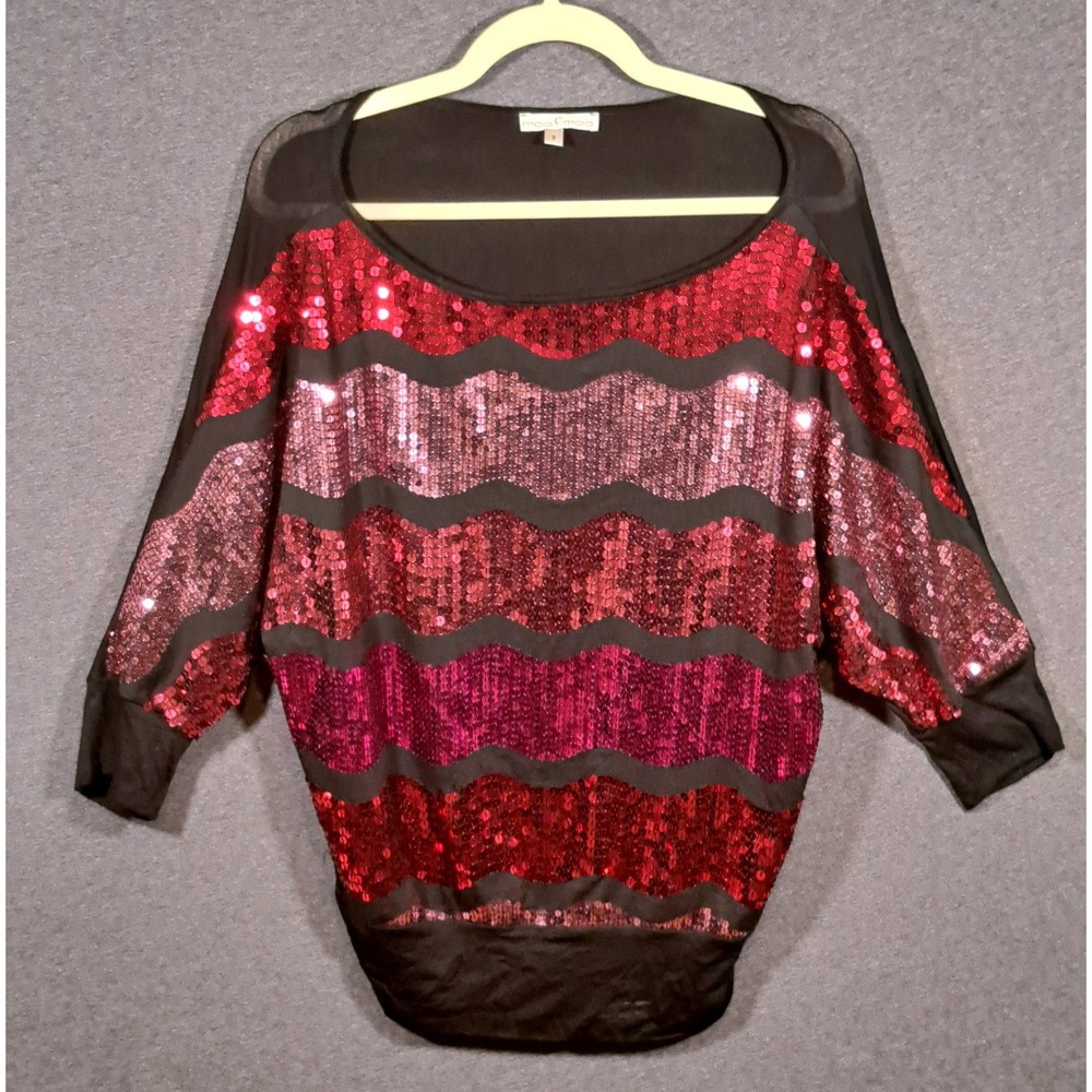 Moa Moa Womens Sequin Dolman Top Red Pink Black Wavy Stripe Blouse Small